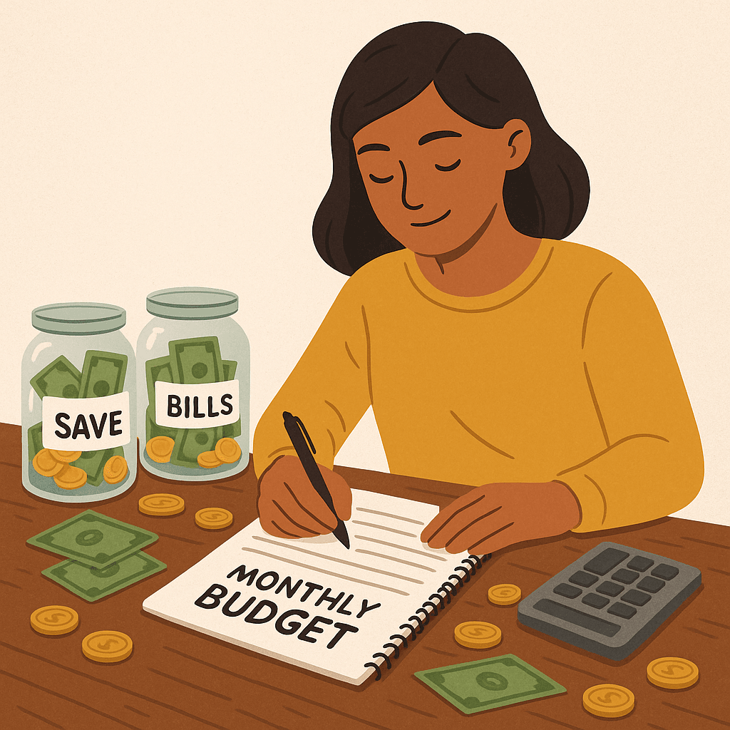 Illustration showing a person writing a monthly budget at a desk with money jars and bills around