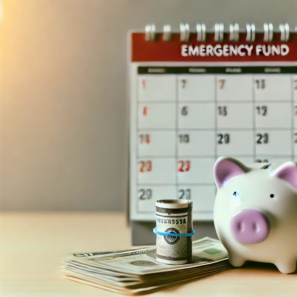 emergency fund filled with coins and cash on a wooden table
